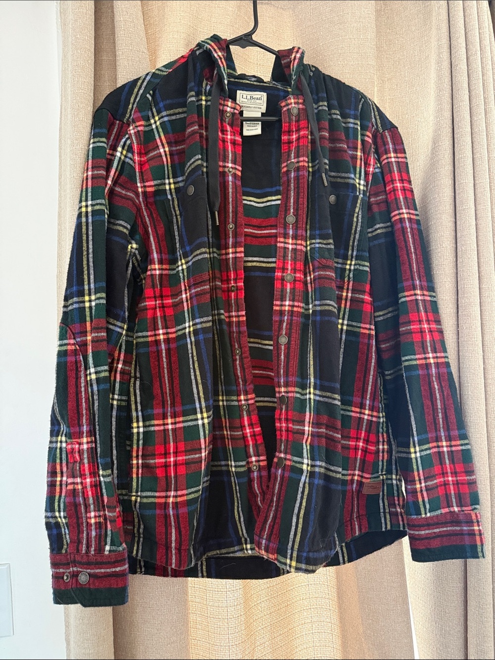 L.L. Bean Men's Scotch Plaid Flannel Hooded Shirt, Slightly Fitted 508169 Medium